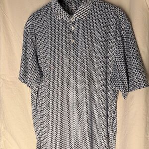 Rhoback Blue and White Polo Shirt with Geometric Pattern and Short Sleeves